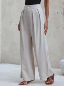 SHEIN Frenchy Sommer einfarbige plissierte Hose aus Leinen, Baumwolle und, weite Beine, atmungsaktiv und bequem für den täglichen Weg zur Arbeit und Urlaubsoutfits