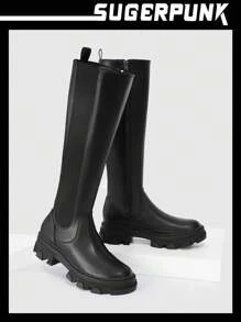 SHEIN X Lucía Bellido Sugerpunk Botines Chelsea de plataforma minimalistas de tacón alto para mujer, de color negro, para vacaciones de verano, rebajas de verano, de vuelta al colegio, para estudiantes universitarias, con estilo Y2K punk, cool, deportivos, para Navidad, otoño y Año Nuevo
