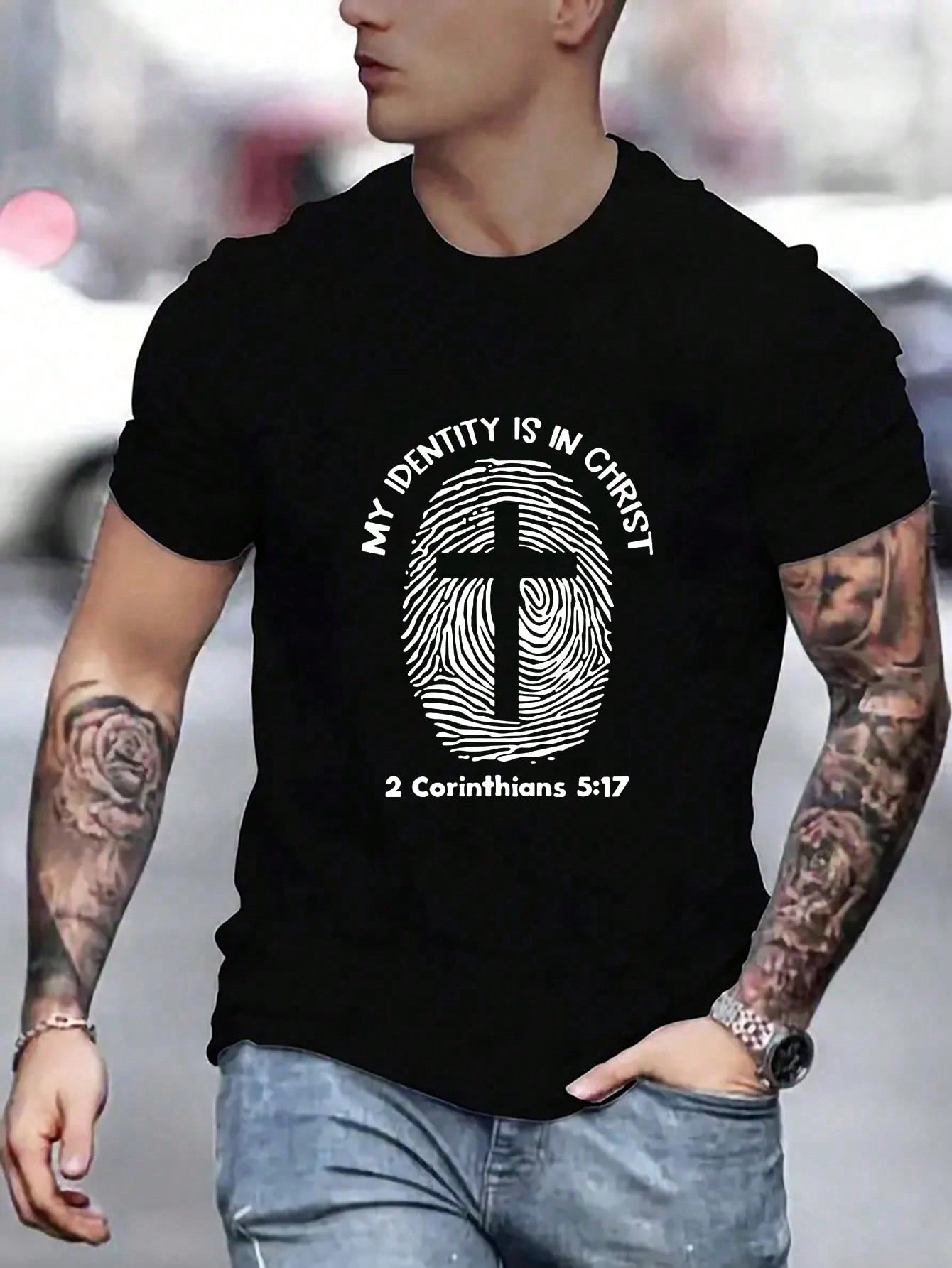 Men's Cross & Fingerprint Print Short Sleeve T-Shirt, Casual For Summer