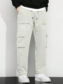 Claim Dot Men's Loose Fit Cargo Pants With Slogan Graphic, Flap Pockets And Side Drawstring Waist, For Fall - Beige - View 5