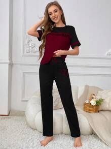 Color Block Slogan Print Casual Short Sleeve T-Shirt And Sleep Shorts Pajama Set