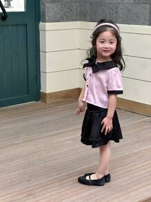 Conjunto de blusa de manga curta com laço e saia preta para meninas, colorblock, para o verão