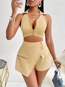 Women'S  Sexy Solid Color Deep V-Neck Zipper Top & Skort Biker Set - Khaki - View 6