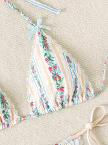 Swim Mod Women's Colorful Printed Halter Neck Tie Bikini Set Summer Beach - Multicolor - View 3