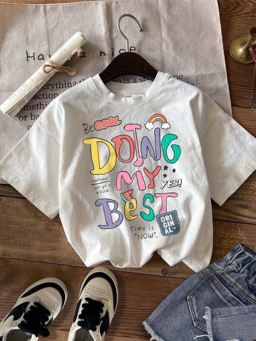 SHEIN Leap Crew Young Girl Casual Minimalist Cartoon Letter Print Short Sleeve T-Shirt, Cotton, Suitable For Summer - White - View 1