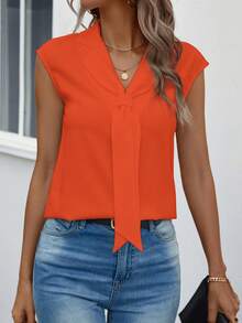 Casual Solid Sleeveless Shirt For Summer - Orange - View 4