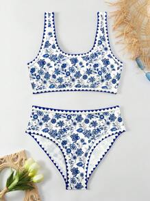 Swim Mod 女士花卉印花兩件式比基尼套裝，適用於夏季海灘和度假 - 彩色 - 查看 6