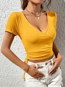 SHEIN Essnce Knitted Solid Color V-Neck Side Drawstring Crop Top, Summer Casual Wear - Yellow - View 4