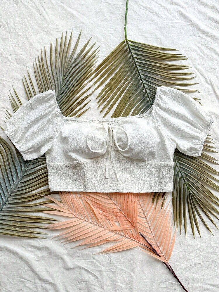 Women's Plus Size Solid Color Belted Off Shoulder Short Puff Sleeve Blouse