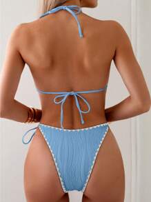 SHEIN Swim 女士假期露背條紋染色比基尼套裝，夏日沙灘必備 - 淺藍色 - 查看 2