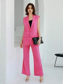 GENKIRA Veste Sans Manches À Col De Blazer Rayé Aléatoire Pour Femmes, Idéale Pour Le Port Quotidien Au Bureau - Rose vif - Voir 5