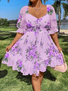 Flirla Plus Size Elegant Vacation Summer Boho Dress With Flower Print Vacation Beach Outfits Women - Mauve Purple - View 1