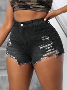 SHEIN SXY Pantalones Cortos De Mezclilla Con Detalle Rasgado, Elásticos, De Talle Alto Y Talla Grande Para Mujer