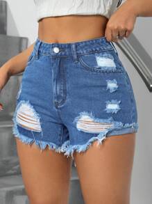 SHEIN Essnce Women's Distressed Denim Shorts With Frayed Hem And Pockets - Medium Wash - View 3