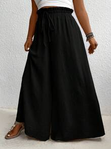 SHEIN LUNE Plus Size Solid Color High-Waist Wide Leg Pants With Paperbag Waist, Summer