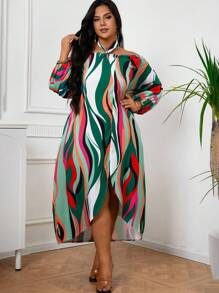 SHEIN VCAY Plus Size Women's Striped High Slit Off Shoulder Halter Neck Dress - Multicolor - View 1