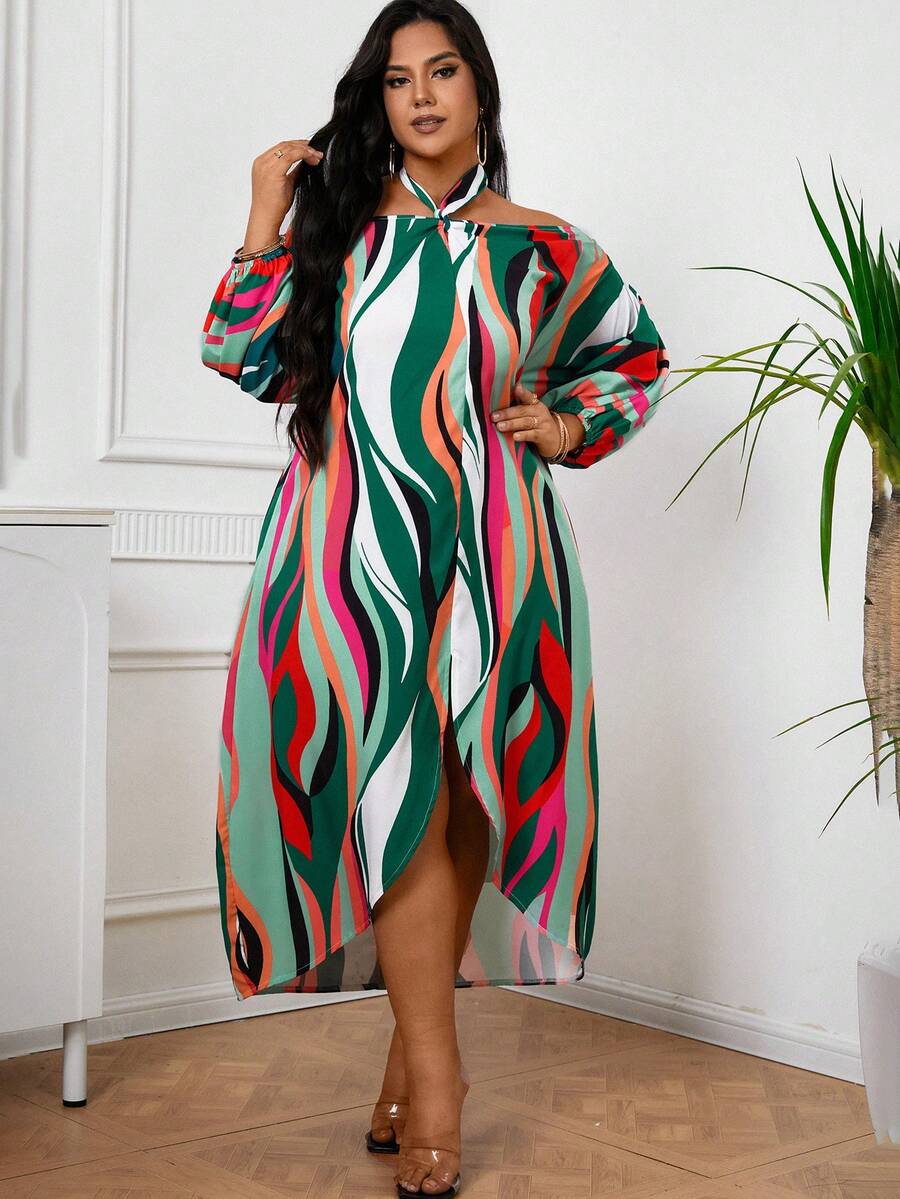 SHEIN VCAY Plus Size Women's Striped High Slit Off Shoulder Halter Neck Dress - Multicolor - View 1