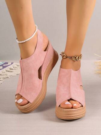 Plus Size Women's Platform Wedge Sandals, New European And American Style Thick Bottom, Single Buckle Strap, Open Toe, Roman Wedge Heel, Laser Cut Design Upper, Lightweight And Comfortable, Breathable, Suitable For Daily, Outdoor, Office, Campus, Black, Blue, Pink, Brown