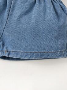 Baby Girls' Bowknot Detail Paper Bag Waist Denim Shorts, Spring/Summer - Light Wash - View 6