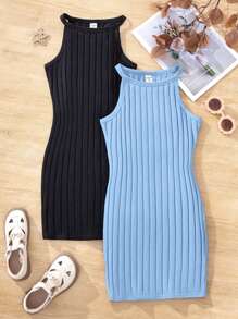 SHEIN 2 Pièces/ensemble Robe D'été Pour Filles Adolescentes Sportives, Douce Et Fraîche En Tricot Massif À Bretelles Croisées