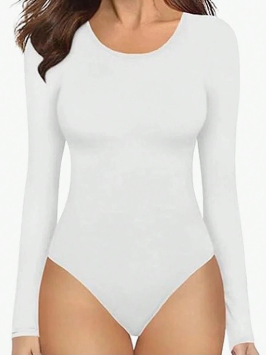 INAWLY Women's Solid Color Tight Long Sleeve Bodysuit Fall Cloth For Women - White - View 1