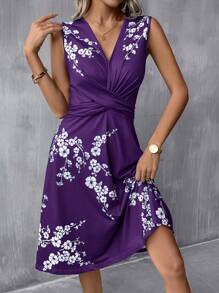 SHEIN Clasi Printed Summer Short Dress With Cinched Waist Blue Dress,Summer Dresses For Women,Lavender Dress - Purple - View 4