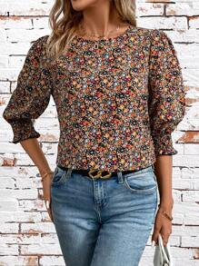 SHEIN Clasi Easter Style Floral Print Half Sleeve Round Neck Fitted Shirt With Ruched Detail,Three Quarter Sleeve Tops