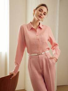 MOTF PREMIUM PURE LINEN SOLID COLOR PATCHWORK POCKET DESIGN LONG SLEEVE SHIRT - Dusty Pink - View 9