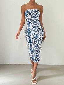 Selianne Summer Casual Strapless Bodycon Print Dress - Blue - View 4