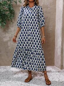 Breezaya 女士度假風格全印花長裙,前扣式開衩設計 - 藍色 - 查看 5