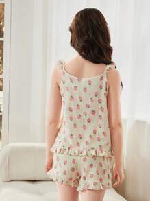 Teen Girl New Strawberry Print Cami Top With Shorts Set For Leisure & Homewear