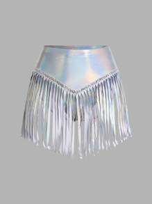 SHEIN ICON Women's Y2K Music Festival Laser Cut Splice Fringe Hem Midi Skirt Women Bottoms