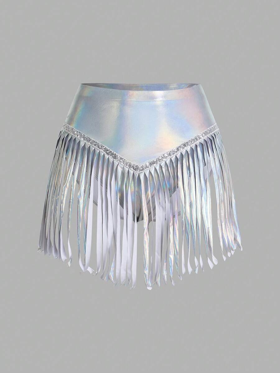 SHEIN ICON Women's Y2K Music Festival Laser Cut Splice Fringe Hem Midi Skirt Women Bottoms