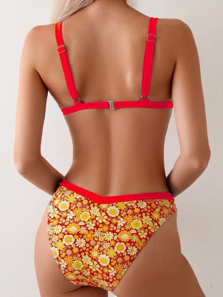 Women Solid Color Fashionable Bra And Printed Swimwear Briefs Bikini Set Summer