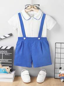 Đứa bé trai Contrast Piping Áo sơ mi Và Quần yếm Bộ Là Đúng mốt , Đẹp trai Và Dễ thương In Mùa Xuân Và Mùa hè - Xanh và trắng - Xem 1