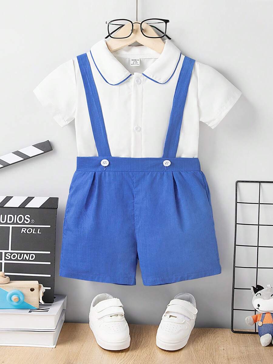 Đứa bé trai Contrast Piping Áo sơ mi Và Quần yếm Bộ Là Đúng mốt , Đẹp trai Và Dễ thương In Mùa Xuân Và Mùa hè - Xanh và trắng - Xem 1