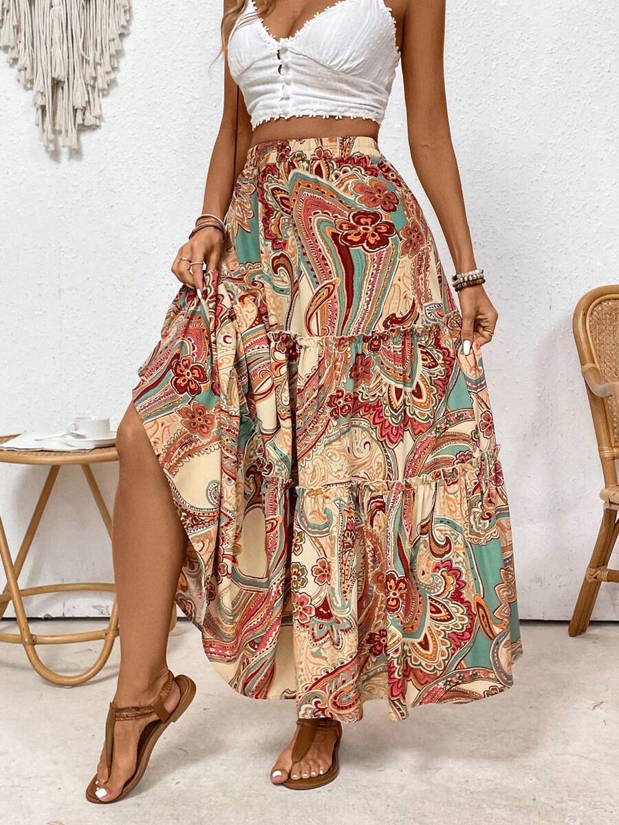 SHEIN VCAY Women's Vintage Printed Ruffle Hem Casual Vacation Style Midi Skirt - Multicolor - View 1
