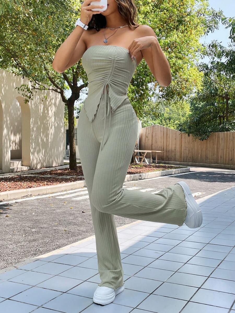 SHEIN EZwear Summer Casual Tube Top And Flared Pants With Asymmetrical Hemline And Drawstring Detail - Olive Green - View 1