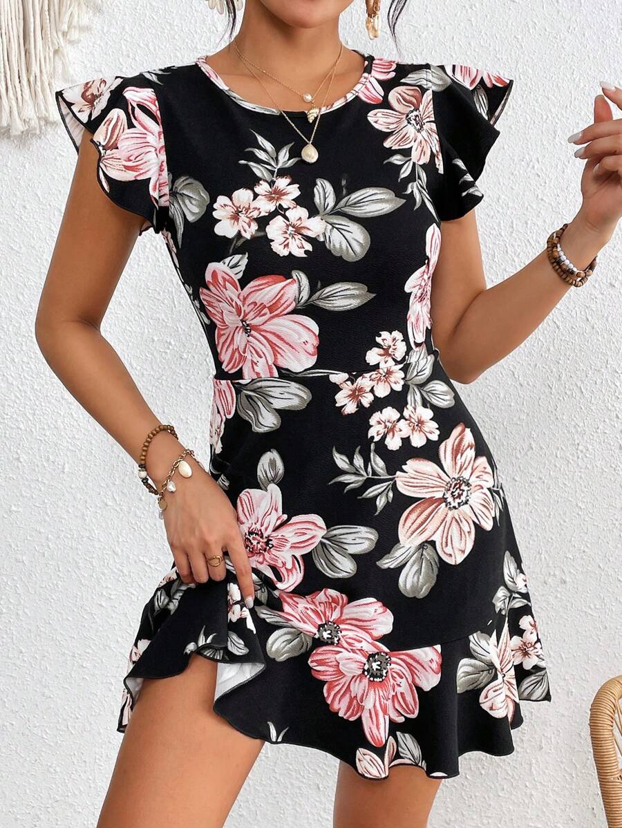SHEIN VCAY Floral Print Ruffled Sleeve Knited Waist Summer Women Dress - Multicolor - View 1