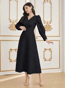 Modelyn Women's Spring/Autumn Solid Color Jacquard Bubble Sleeve Dress