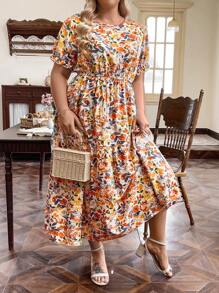 SHEIN LUNE Vestido largo de talla grande con cintura fruncida y estampado aleatorio para vacaciones de verano - Naranja - Ver 5