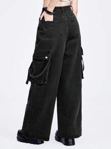 ROMWE Grunge Punk Women's Cargo Pocketed Belted Cat Claw Washed Denim Wide Leg Pants - Black - View 9
