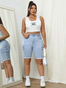 SHEIN ICON Kích thước lớn Đau khổ Frayed Hem Gầy Quần short Denim Với Flap túi - Rửa nhẹ - Xem 4