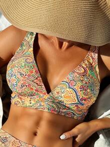 SHEIN Swim Women's Summer Beach Allover Printed V-Neck Bikini Top - Multicolor - View 1