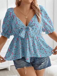 Flirla 大尺碼女士夏季假期風格花卉印花前綁帶短款泡泡袖襯衫 - 藍色 - 查看 4