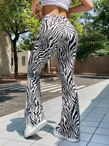 SHEIN EZwear Pantalones Ajustados De Punto De Patrón De Cebra Con Piernas Acampanadas Para Mujer - Negro - Ver 4