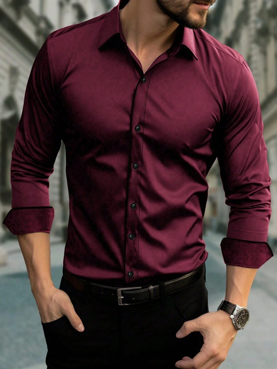 Manfinity Mode Men Solid Button Up Shirt, Fall - Burgundy - View 1