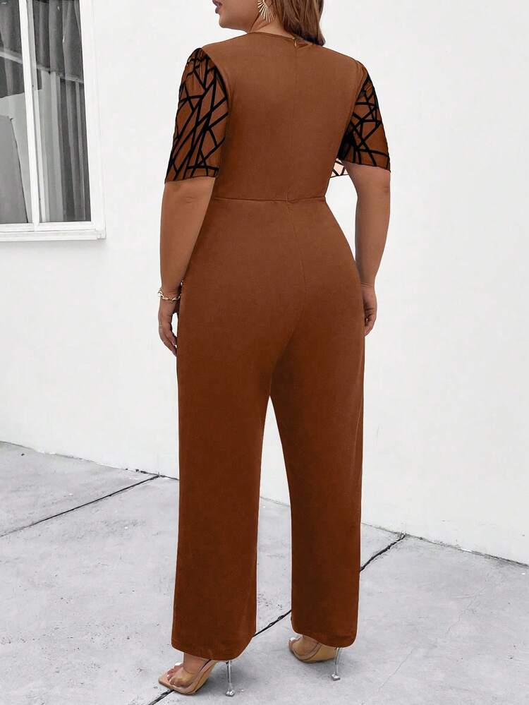 Plus Size Net Yarn Splice Jumpsuit With Waistband For Fashionable Daily Outfits