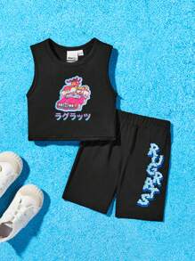 Nick 90s | SHEIN Conjunto De Top Sin Mangas Y Leggings Para Niña Con Estampado De Personaje De Caricatura De Coche - Negro - Ver 1