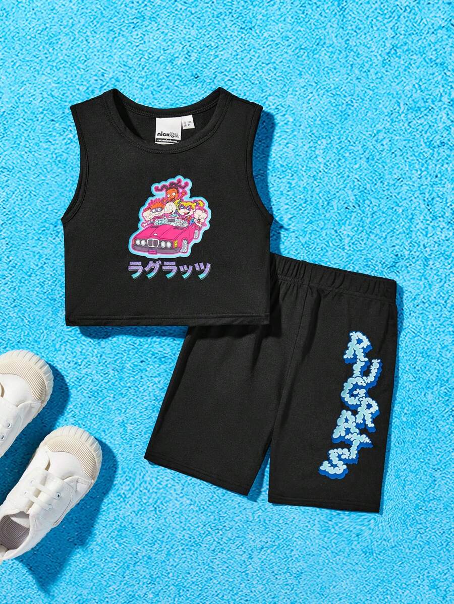 Nick 90s | SHEIN Conjunto De Top Sin Mangas Y Leggings Para Niña Con Estampado De Personaje De Caricatura De Coche - Negro - Ver 1